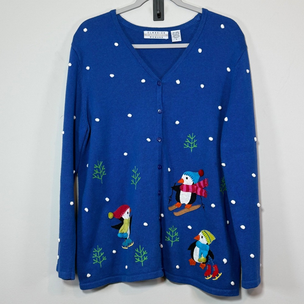 Classics by Marisa Christina Cardigan Womans X Blue Penguin Winter Grandmacore